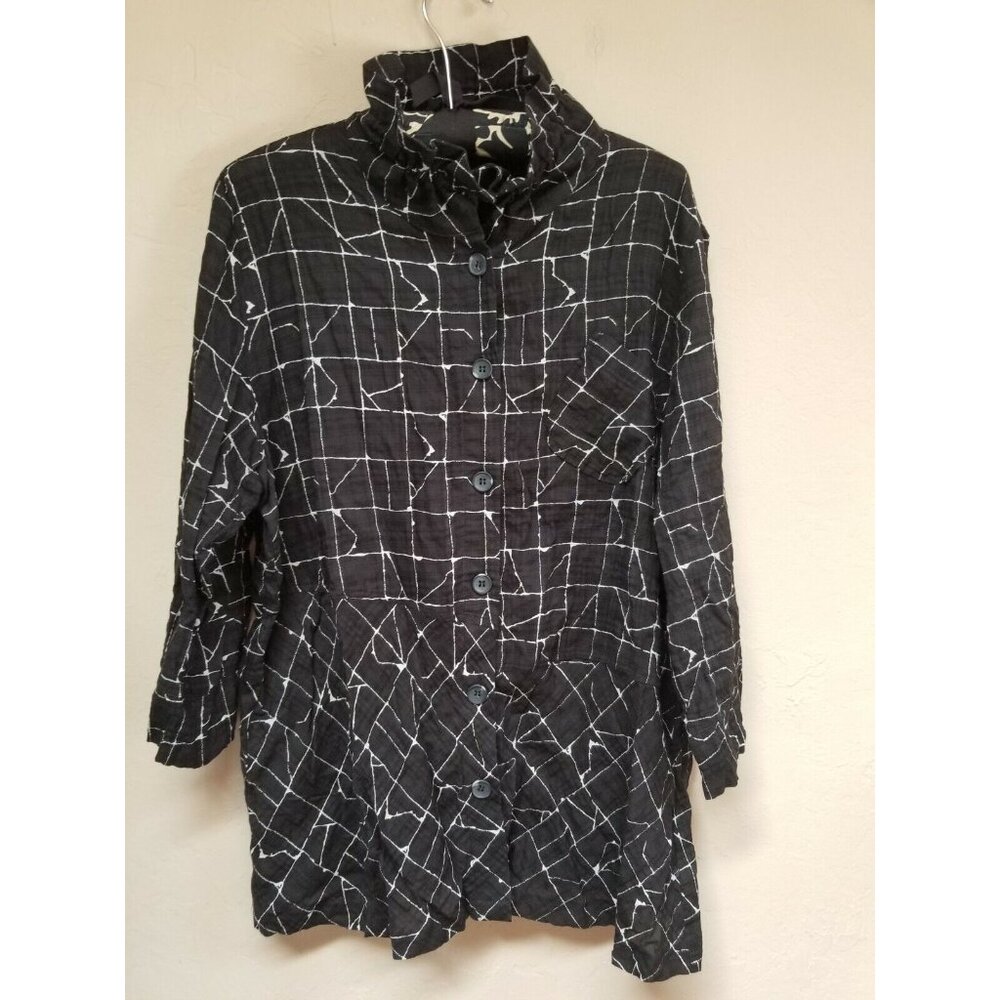 Erin Paige Geometric Button Front Mock Neck Shirt Jacket Large Black 3/4 Sleeve